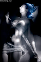 Reclining nude with ribbon. Infrared light painted photograph.