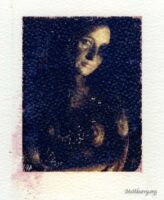 Grainy dark portrait on watercolour paper. Light painted Polaroid emulsion transfer photograph.