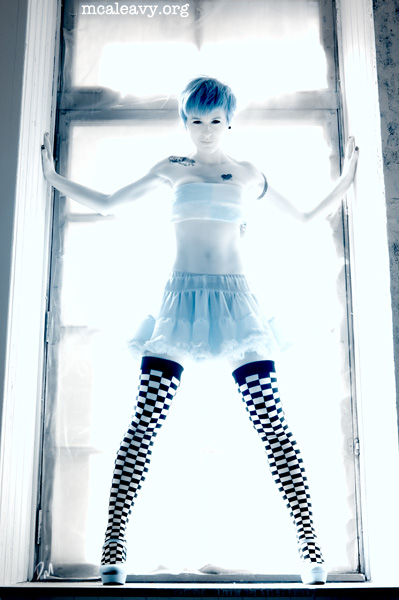 Checkerboard stockings in the window. Infrared photograph.